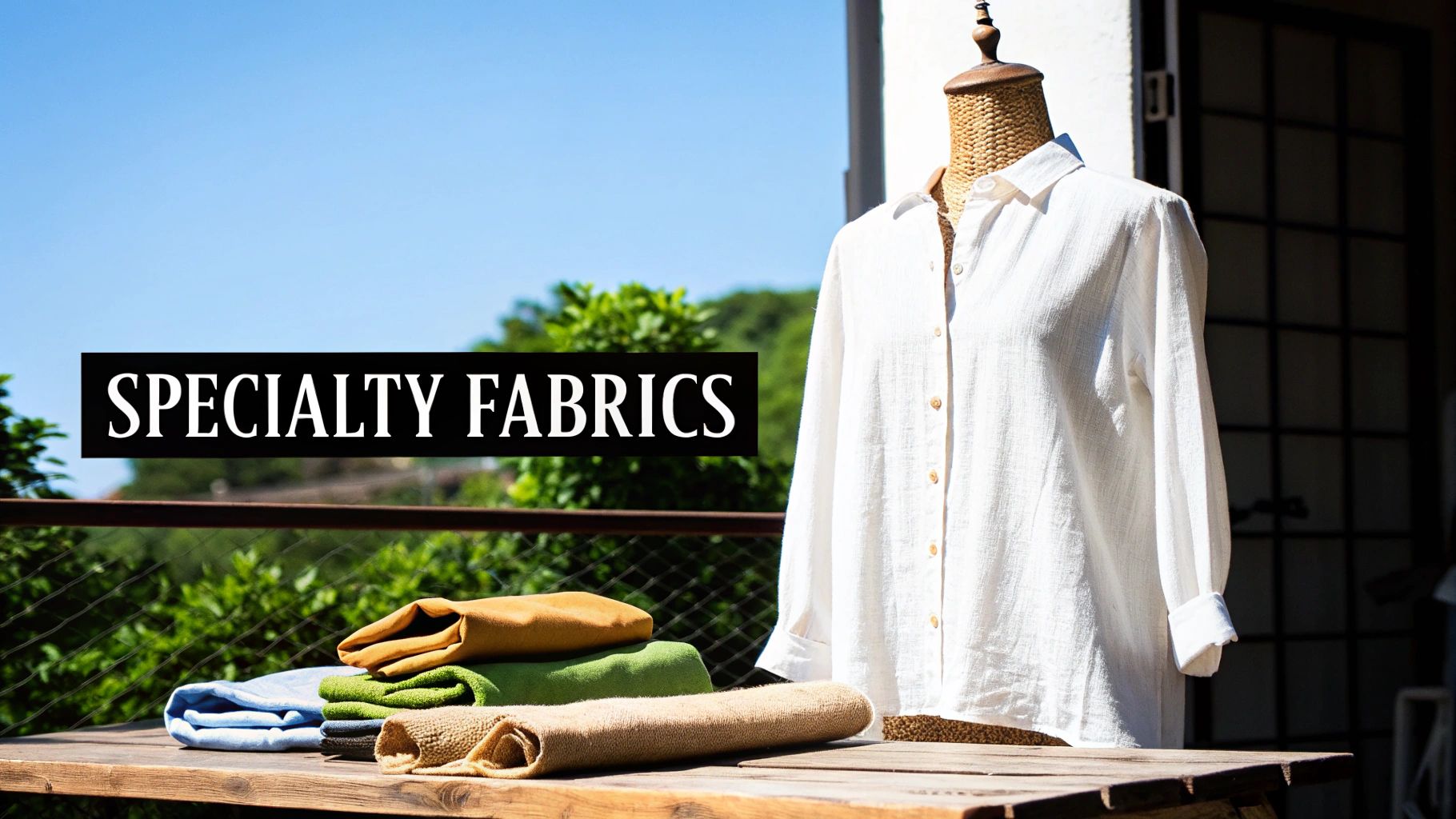 A white shirt on a mannequin and colorful folded fabrics on a wooden table outdoors under a blue sky.