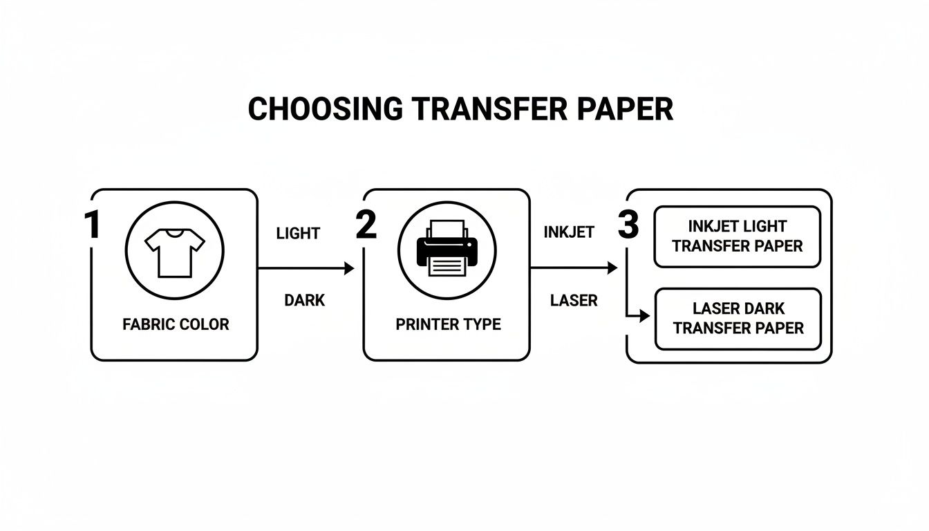 A flowchart demonstrating how to select the right transfer paper based on fabric color and printer type.