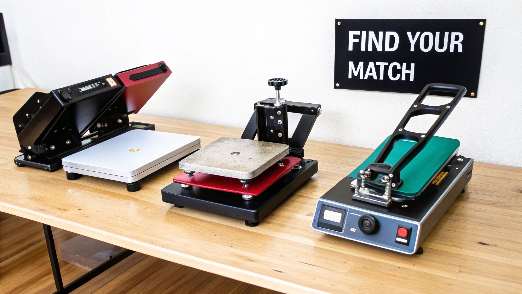 Three different heat press machines displayed on a light wooden table against a white wall.