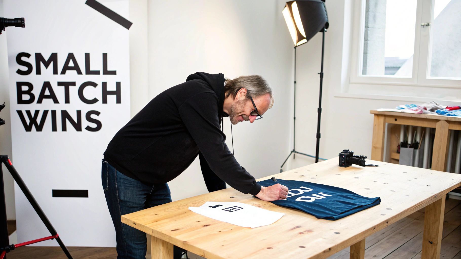 A man in a black hoodie and glasses meticulously signs a blue t-shirt on a wooden table.
