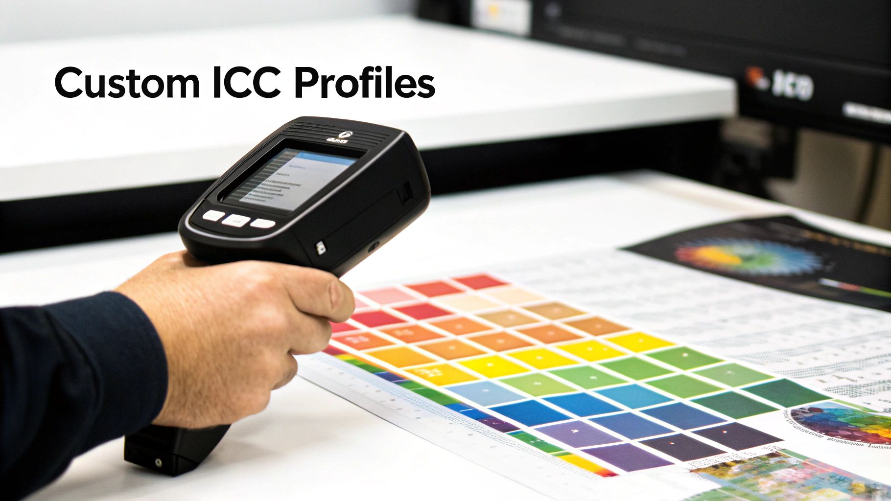 Hand holding a colorimeter device to scan a printed color chart for custom ICC profiles.