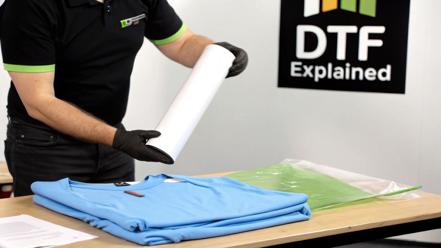 Person in gloves holding a roll of DTF film near a folded blue t-shirt and DTF Explained sign.