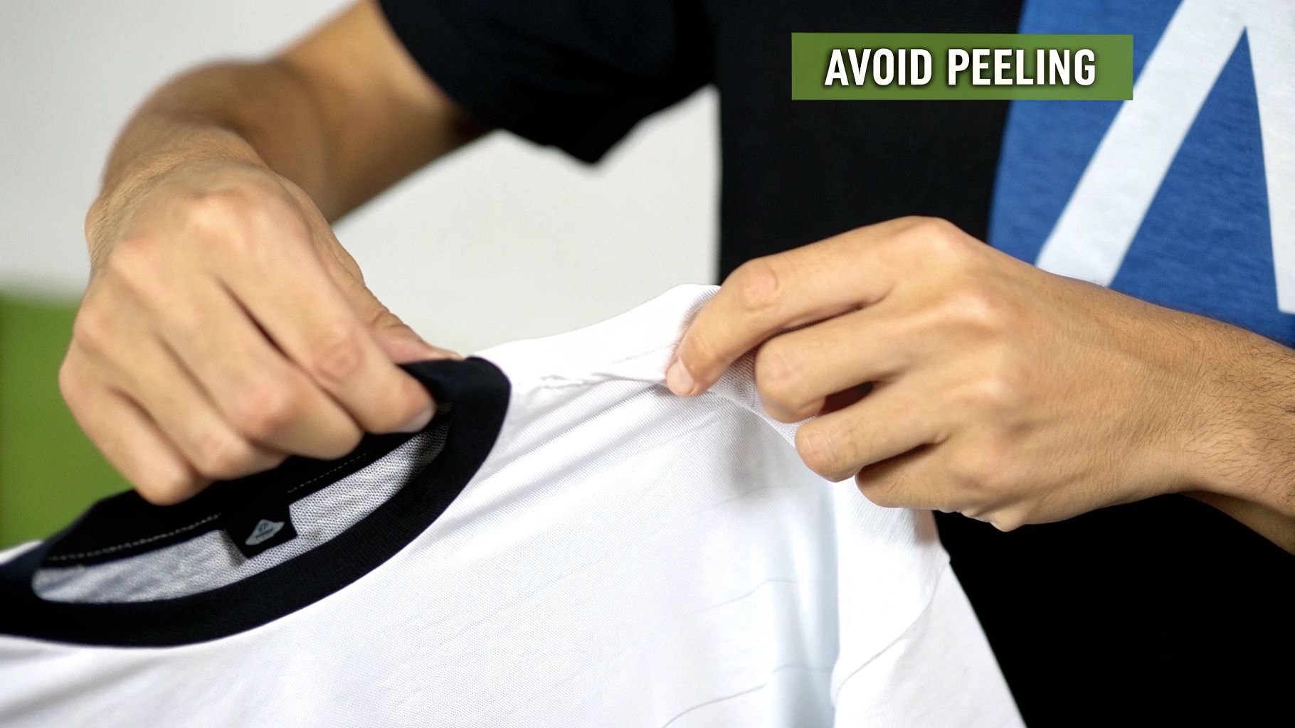 A cracked and peeling heat transfer design on a t-shirt.