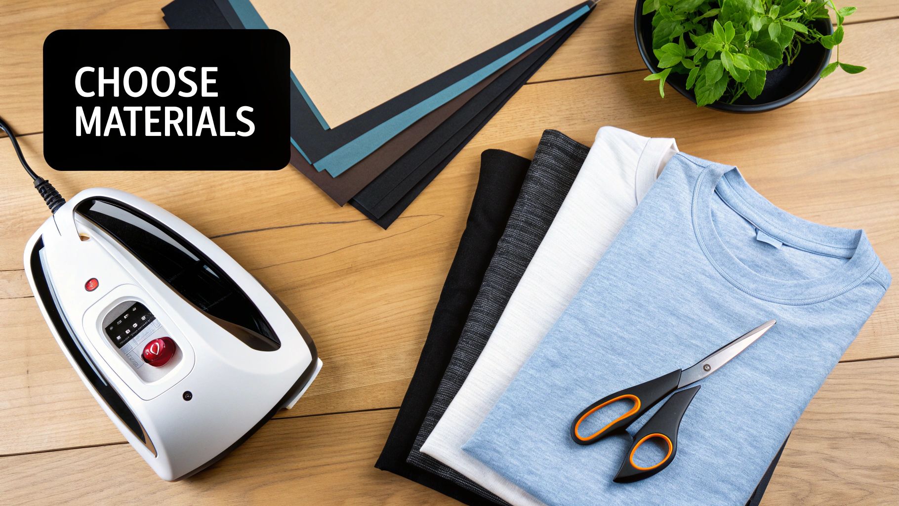 Crafting supplies on a wooden table, including an iron, fabrics, paper, and scissors, with text 'CHOOSE MATERIALS'.