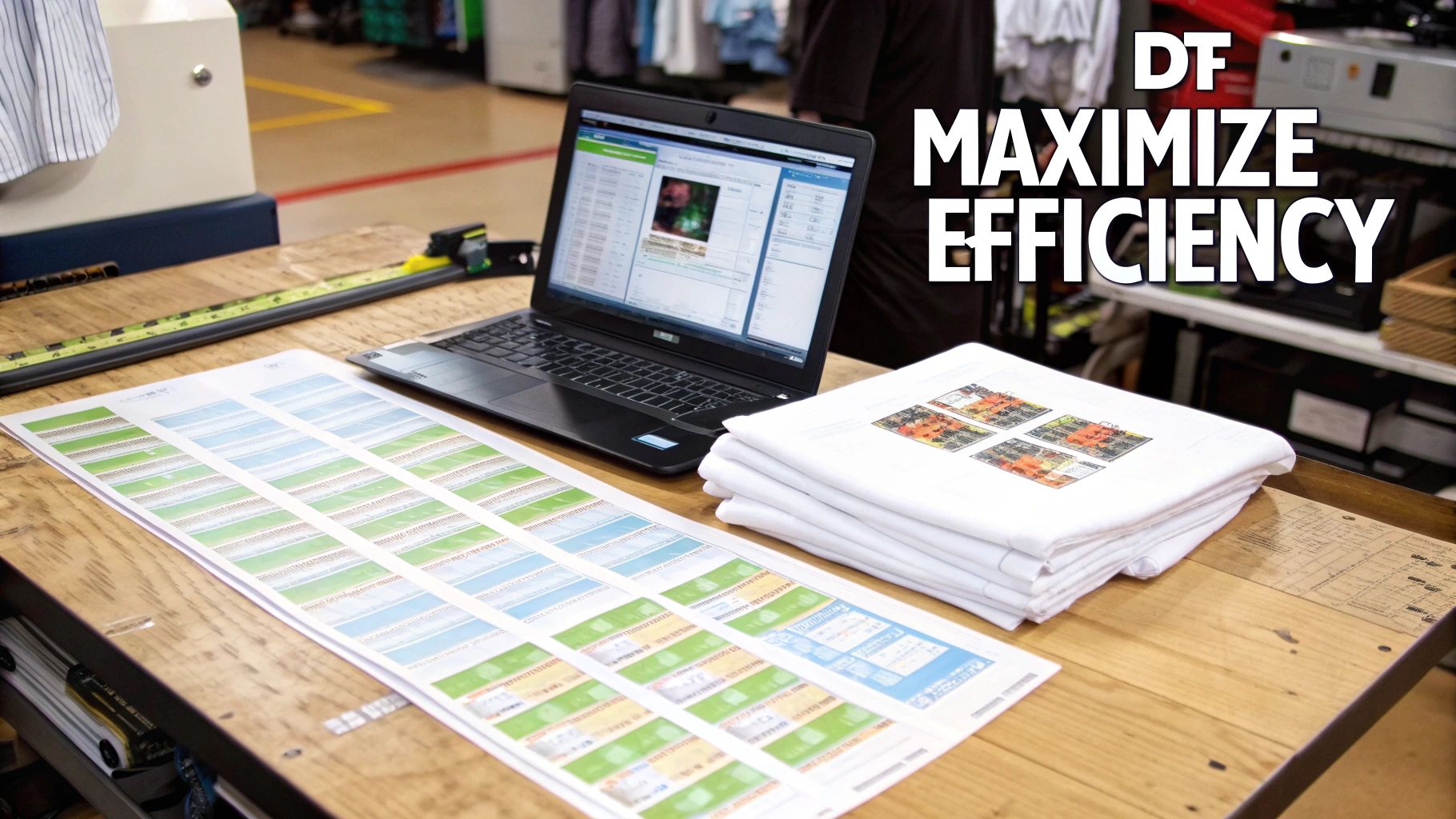 A DTF transfer printing workspace with a laptop, gang sheet, and finished t-shirts.