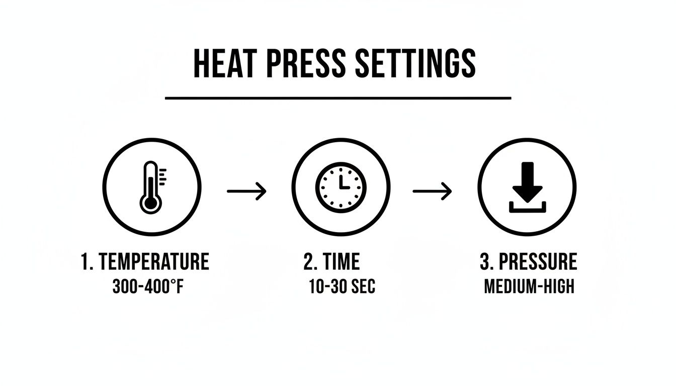 Illustration detailing heat press settings: temperature (300-400°F), time (10-30 sec), and medium-high pressure.