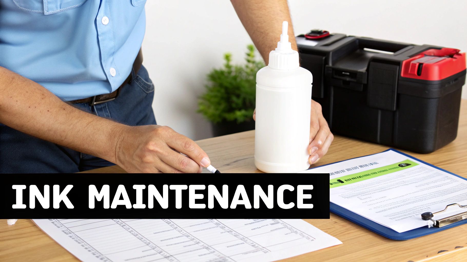 A technician performing ink maintenance, with an ink bottle, tools, and documents on a wooden desk.