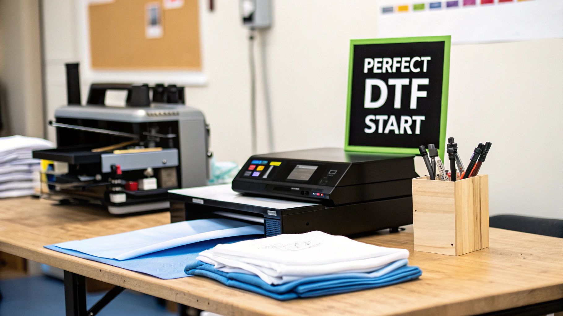 A DTF printing setup on a wooden desk with a printer, heat press, shirts, and a 'Perfect DTF Start' sign.