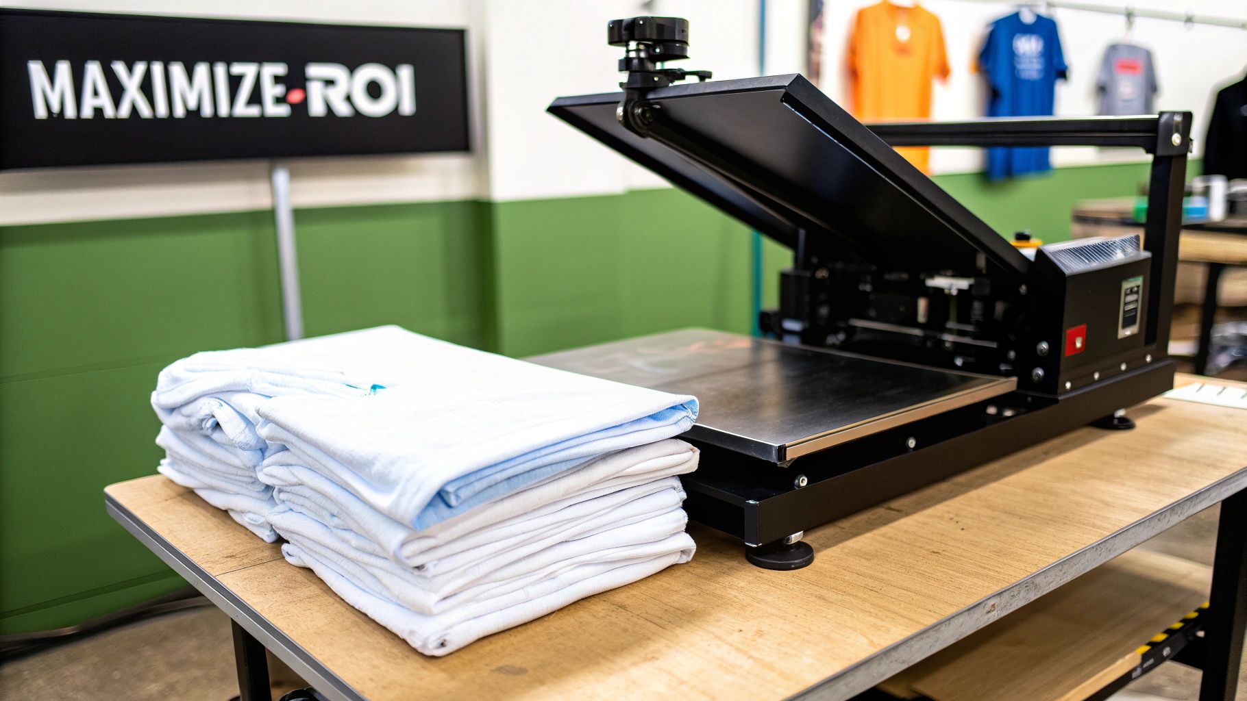 A black heat press machine and a stack of folded white t-shirts on a wooden table, ready for custom printing.