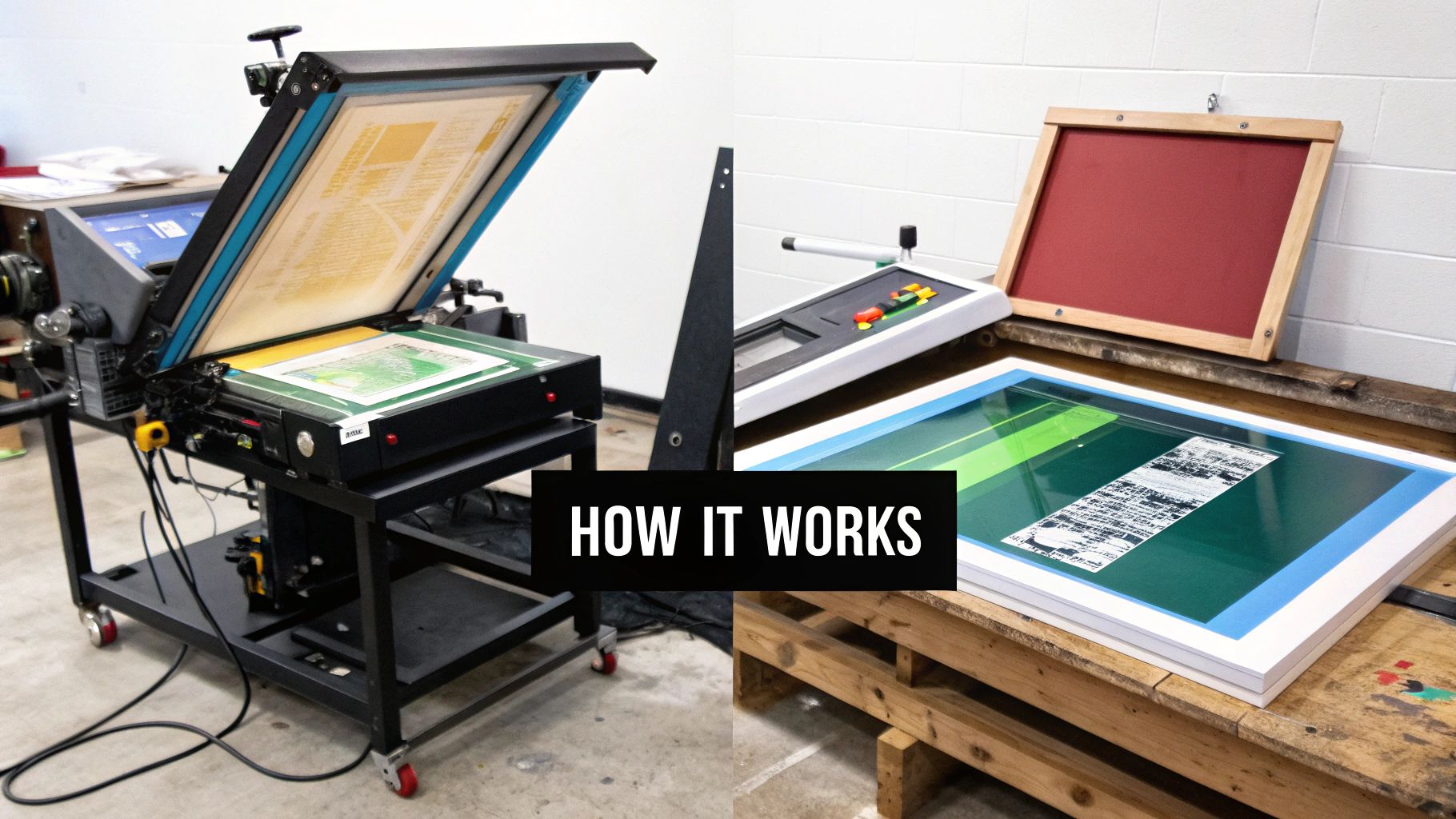 Two views of screen printing equipment, showing an exposure unit and prepared screens for print production.