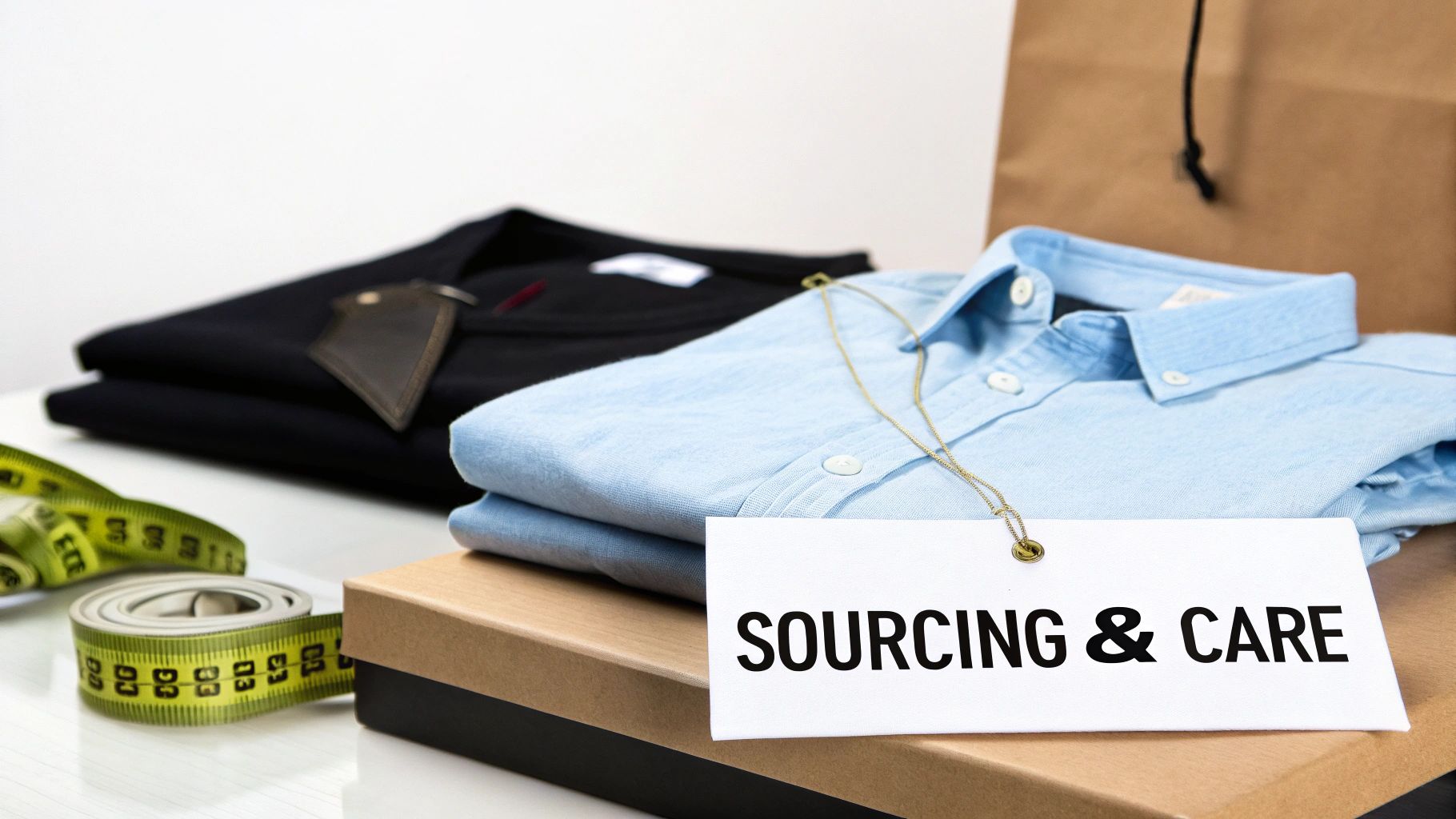 Folded blue shirt and black t-shirt with a 'Sourcing & Care' tag, measuring tape, and packaging.