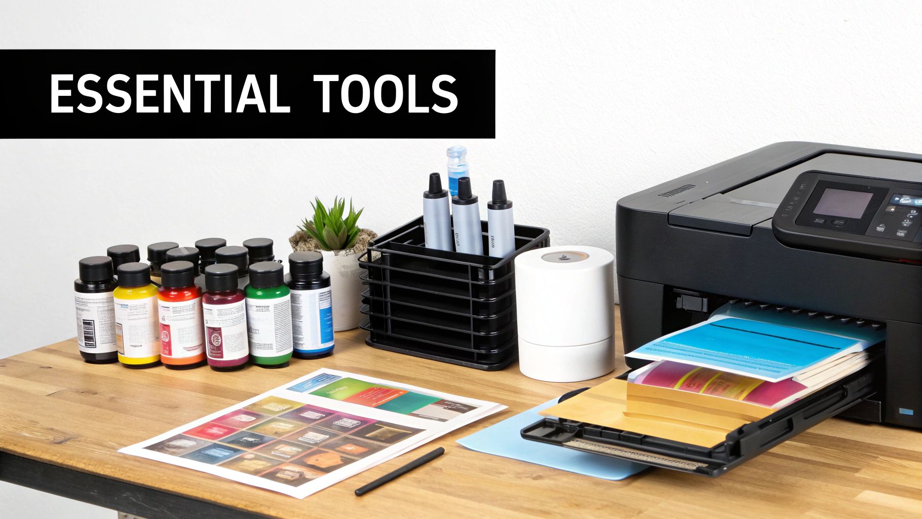 A collection of DTF printing supplies including rolls of film, bottles of ink, and a container of adhesive powder arranged neatly on a table.