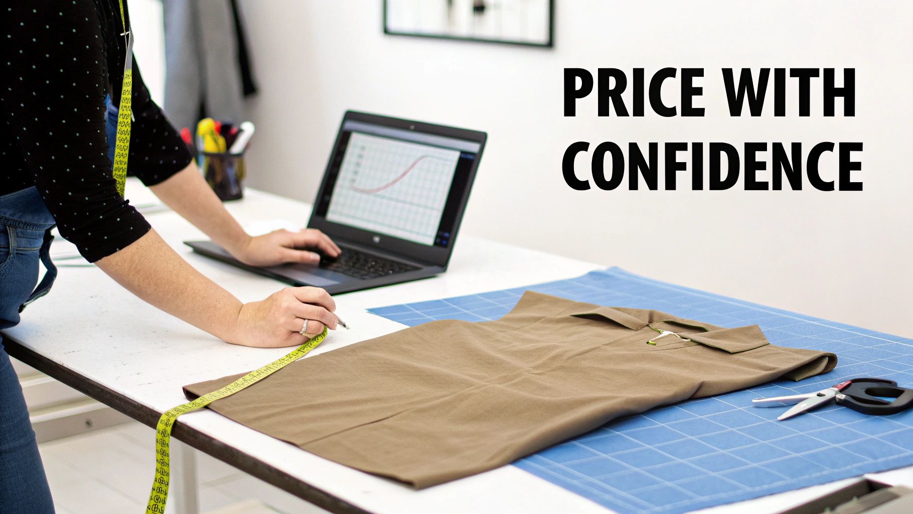 A person measuring fabric on a table while using a laptop, with text 'PRICE WITH CONFIDENCE'.