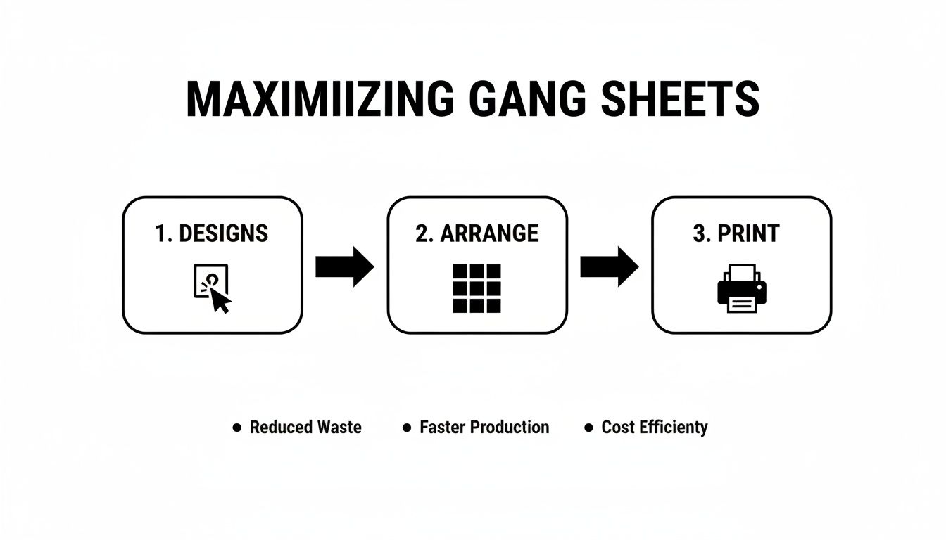 A workflow diagram showing three steps: Designs, Arrange, and Print for maximizing gang sheets.