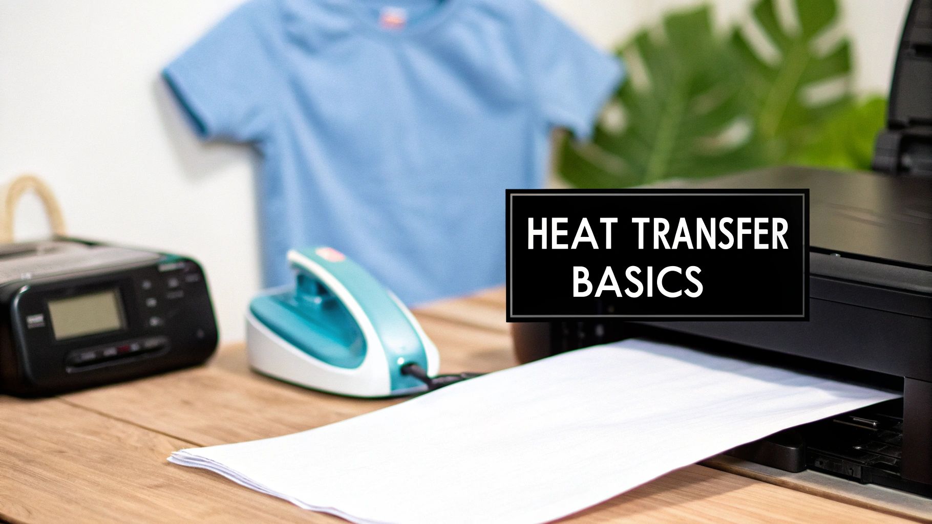 A desk with a mini iron, printer, and heat transfer paper, next to a blue t-shirt and a 'Heat Transfer Basics' title.