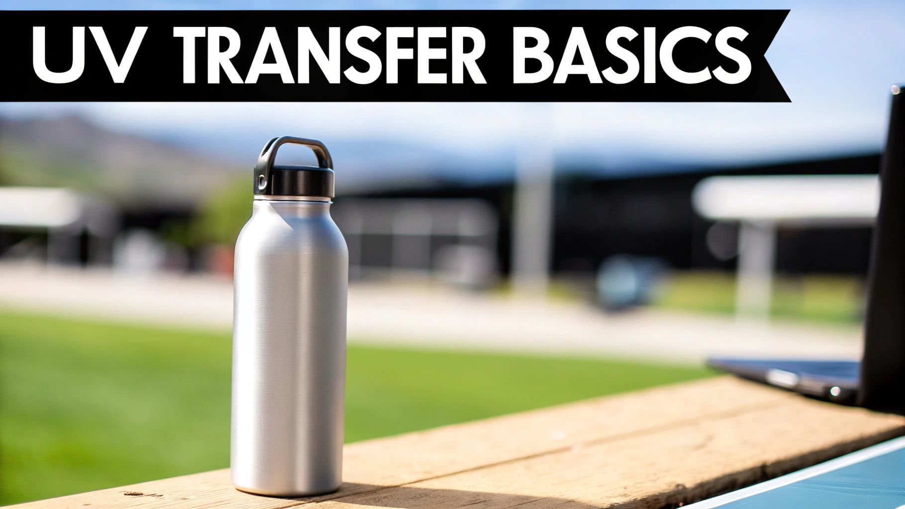 A silver water bottle and a laptop sit on a wooden surface outdoors, with a 'UV TRANSFER BASICS' banner.