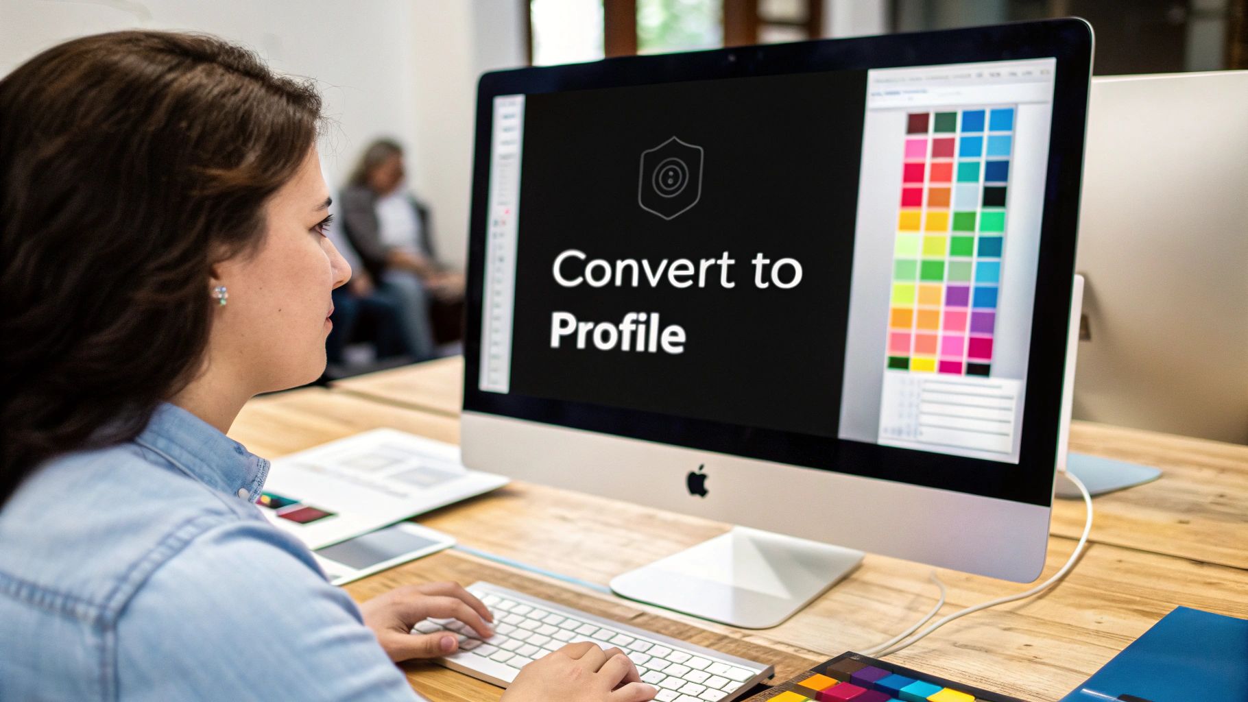 Designer converting color profile on iMac computer with color swatches displayed on screen