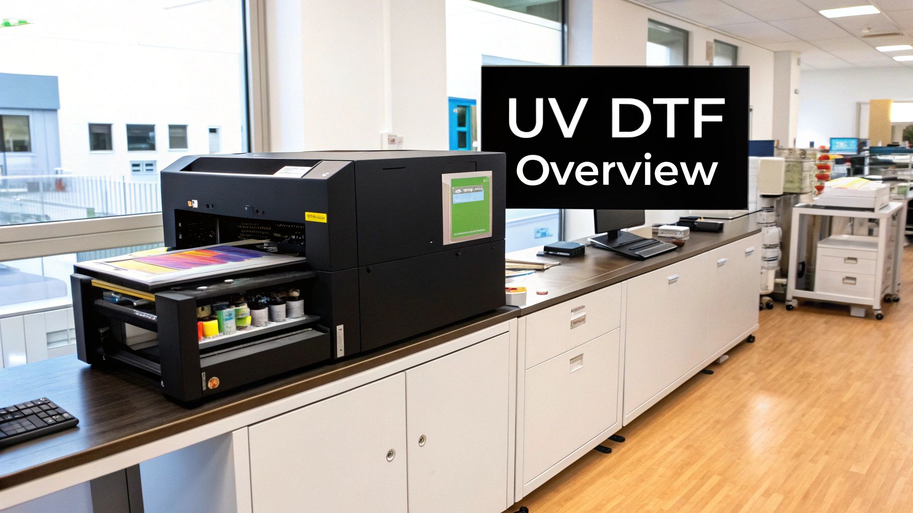 A UV DTF printer in action, producing a colorful design on a film roll.
