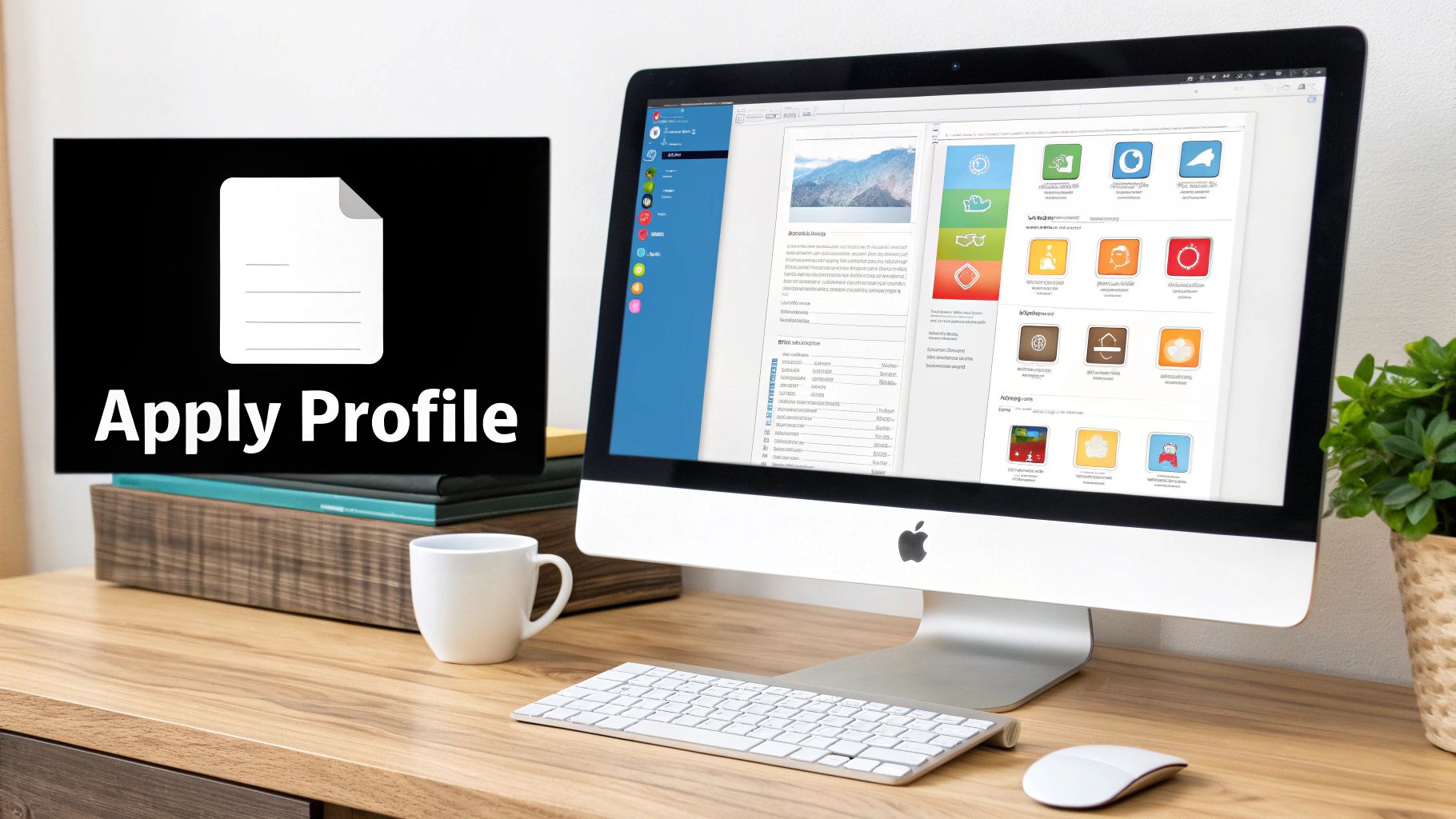 A desktop setup featuring an iMac displaying software and a graphic with 'Apply Profile' text.
