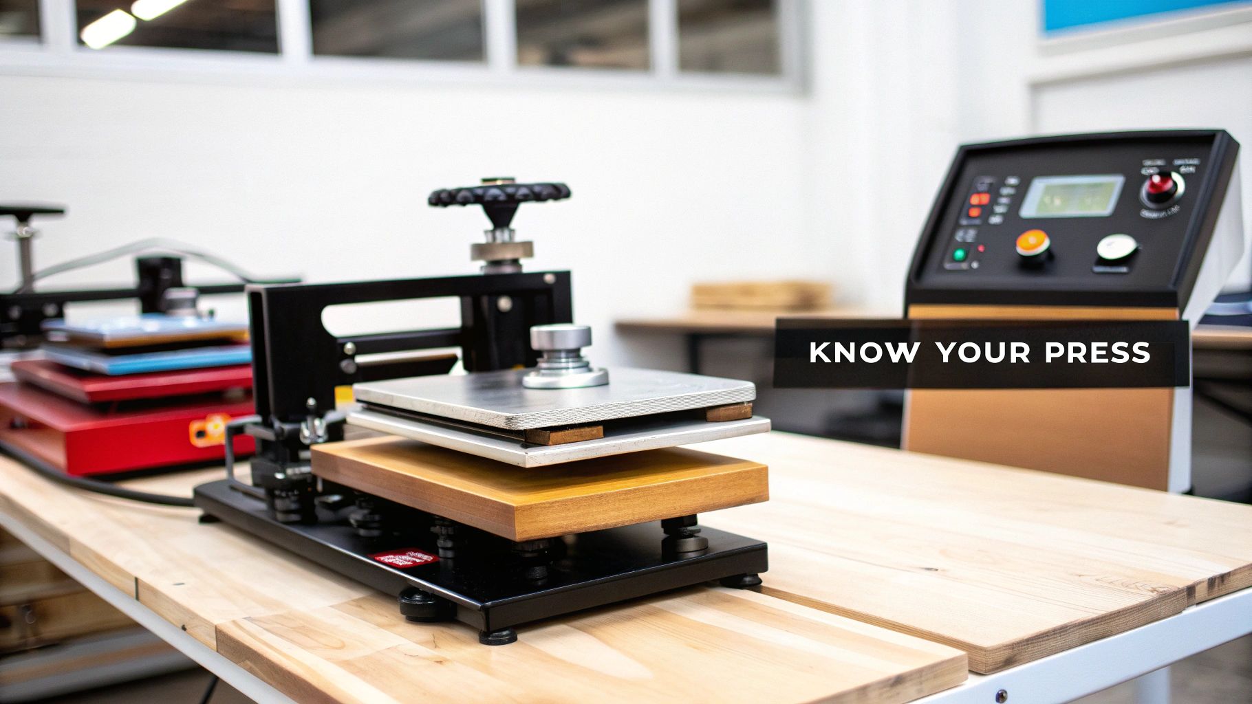 Woman operating a modern heat press machine on a wooden workbench