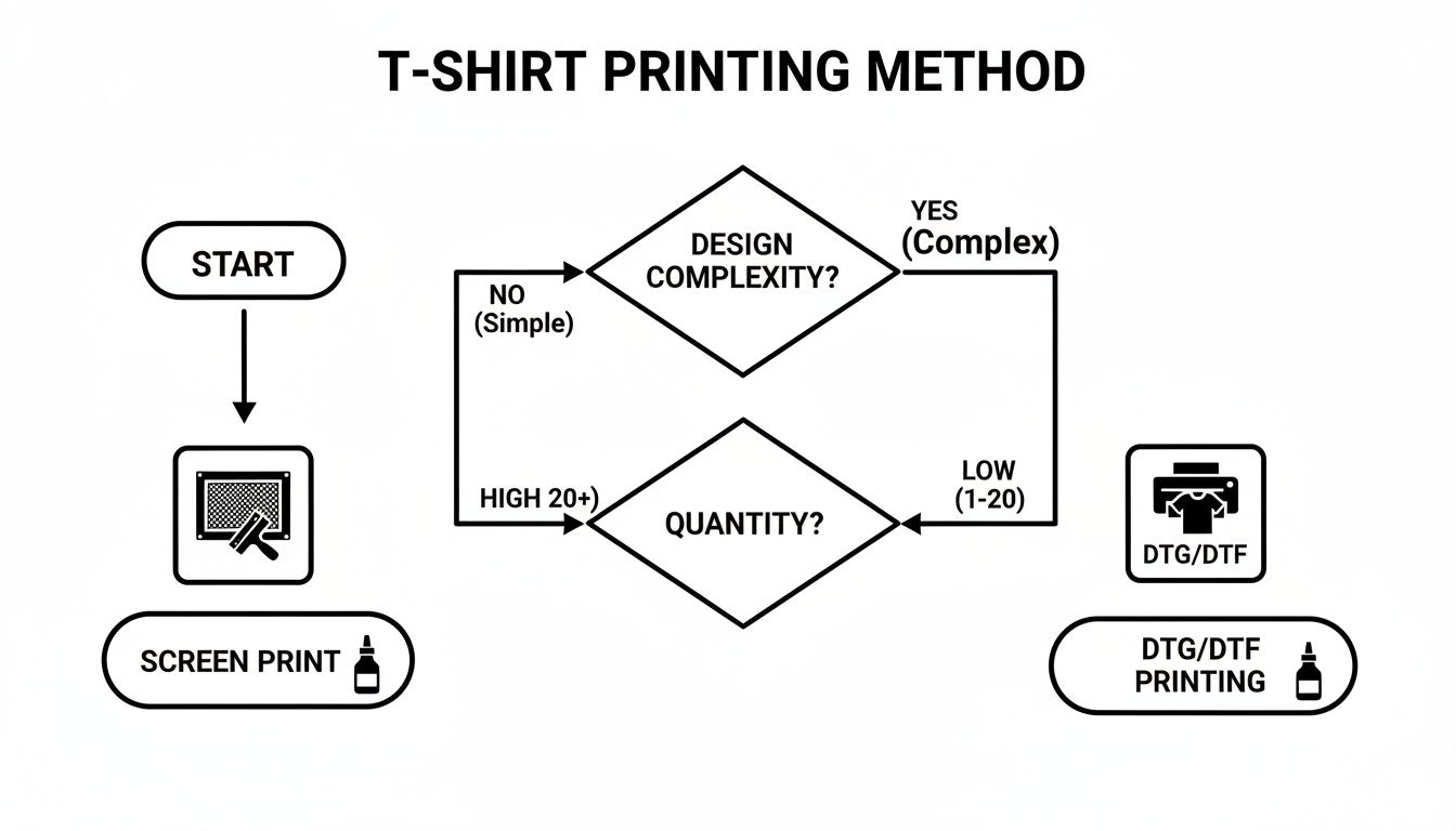 Flowchart detailing T-shirt printing method selection based on design complexity and order quantity.