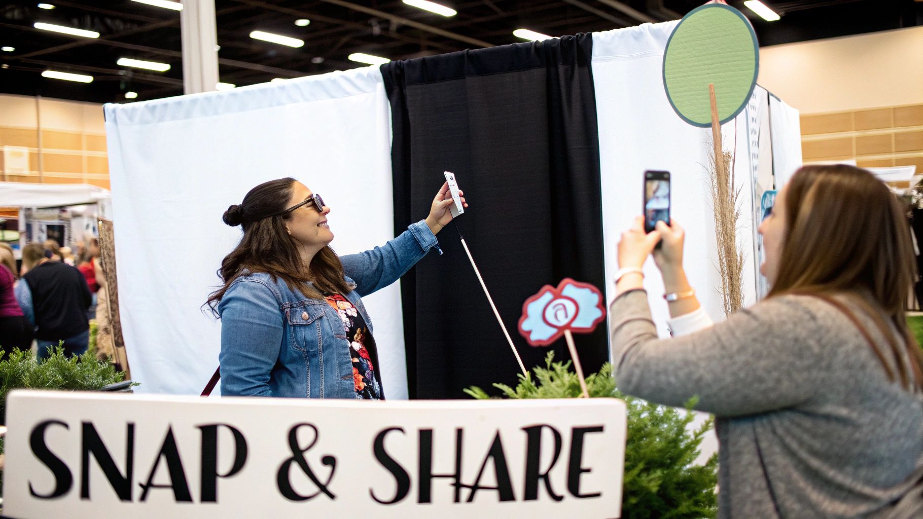 Two smiling women at a craft fair are taking pictures with their smartphones at a photo booth.