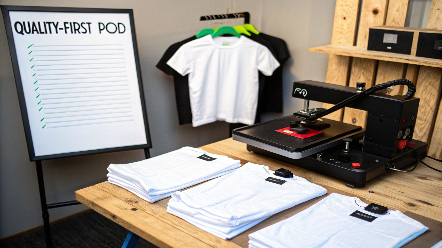 A print-on-demand setup with a heat press machine, t-shirts, and a quality checklist board.