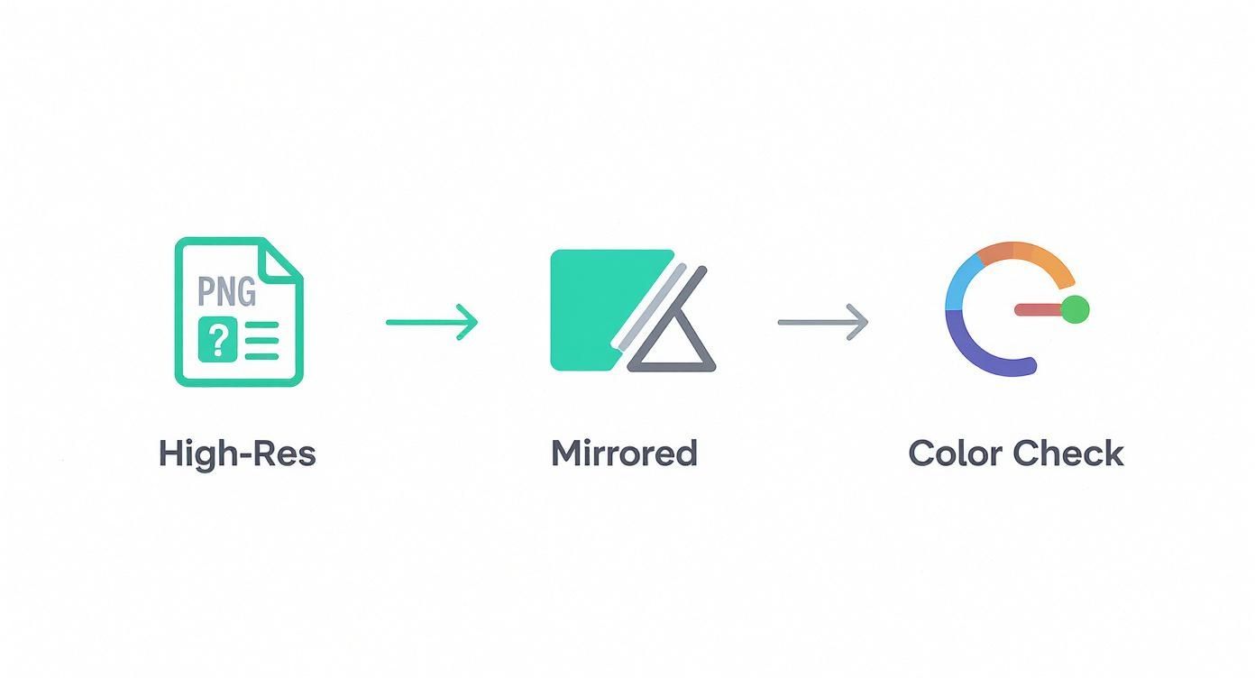 Infographic showing a three-step process for design preparation including using a high-resolution PNG, mirroring the image, and checking colors.