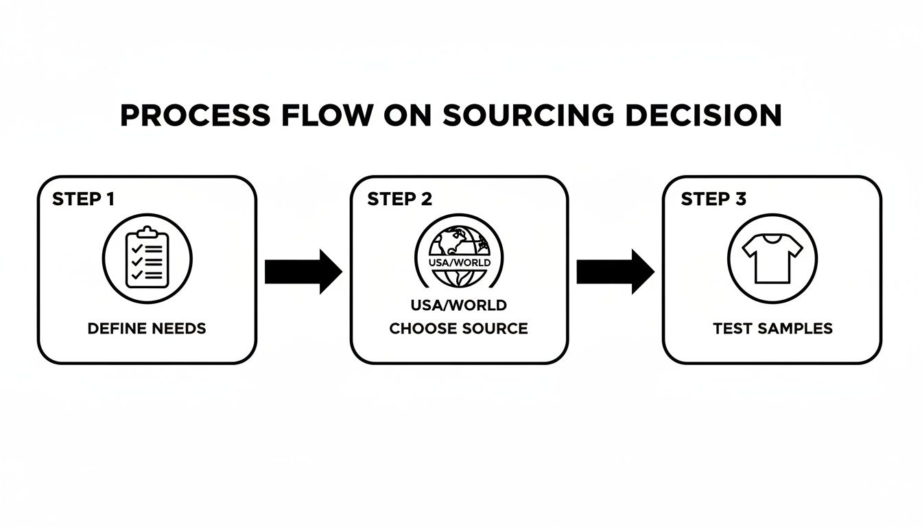 A three-step process flow for sourcing decisions, showing defining needs, choosing sources globally, and testing samples.