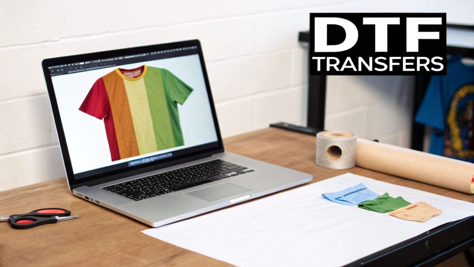 Workspace with laptop displaying a striped T-shirt design, DTF transfers roll, scissors, and fabric swatches.