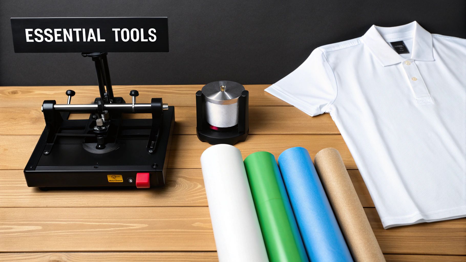 An assortment of heat transfer vinyl rolls in various colors, neatly arranged and ready for a custom shirt project.