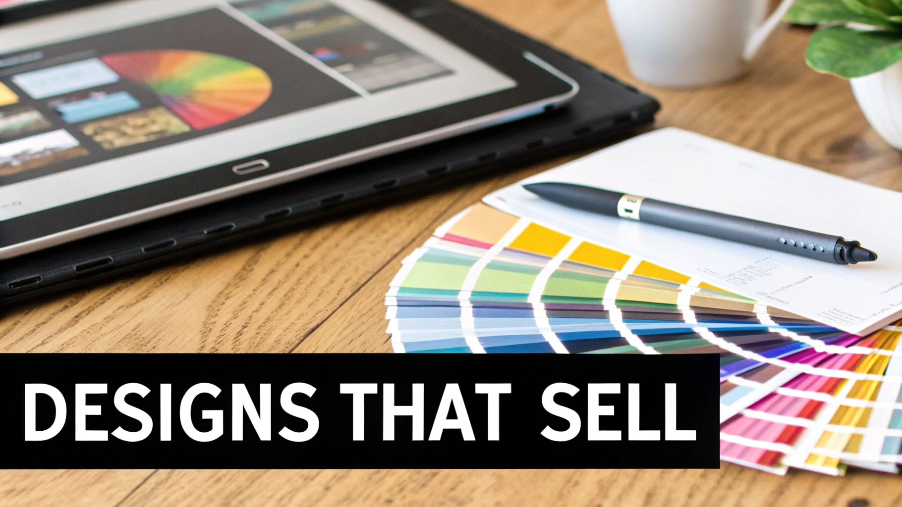 A graphic designer's workspace with a tablet, color swatches, and a pen on a wooden desk.