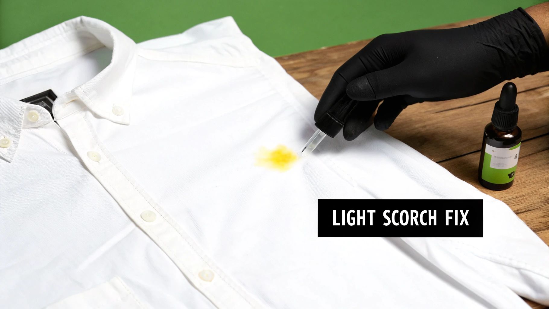 A gloved hand applies liquid from a dropper to a yellow scorch mark on a white shirt.