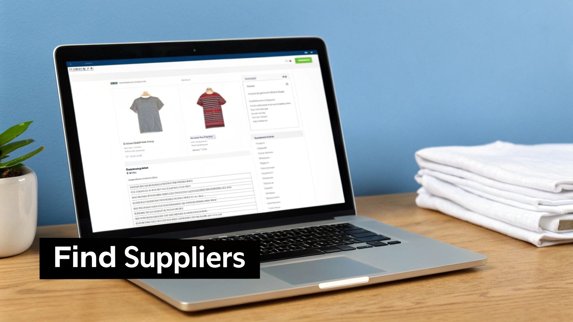 Laptop displaying clothing products and supplier information, with a stack of white t-shirts and 'Find Suppliers' text.