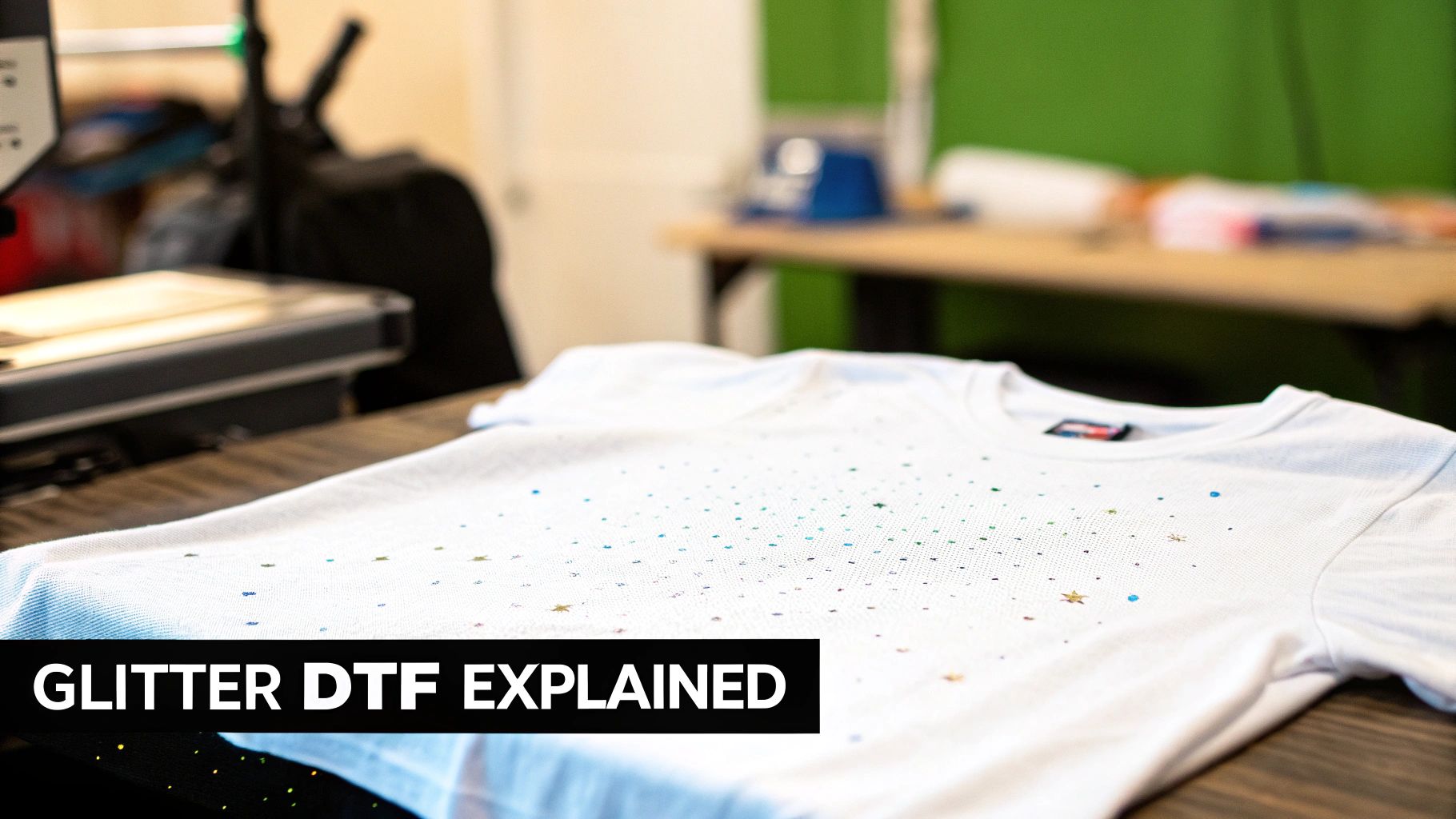 White t-shirt adorned with colorful glitter dots and stars, resting on a wooden table.