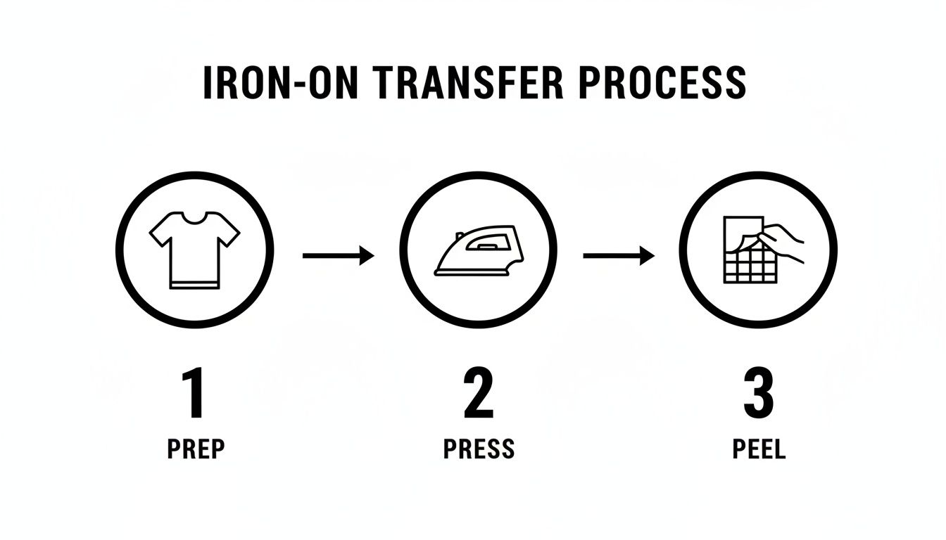 A three-step diagram illustrates the iron-on transfer process: prep, press, and peel with corresponding icons.