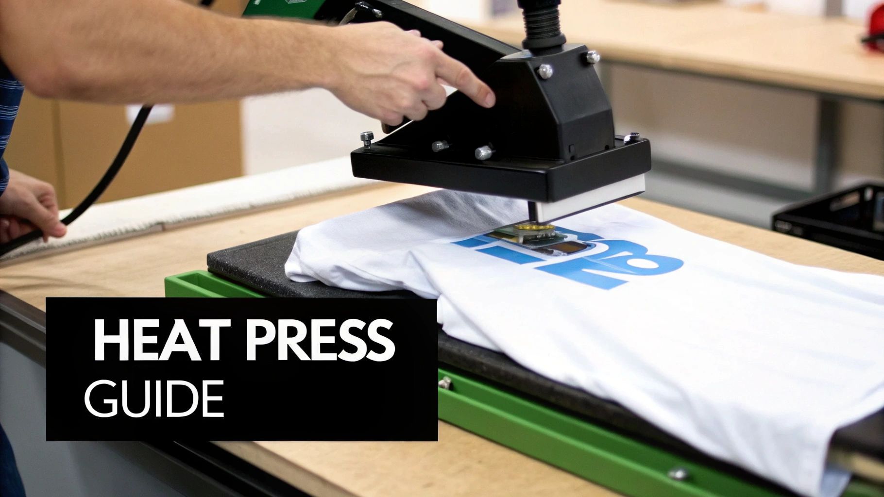 A person operates a heat press machine, applying a blue 'ROBO' graphic onto a white t-shirt.