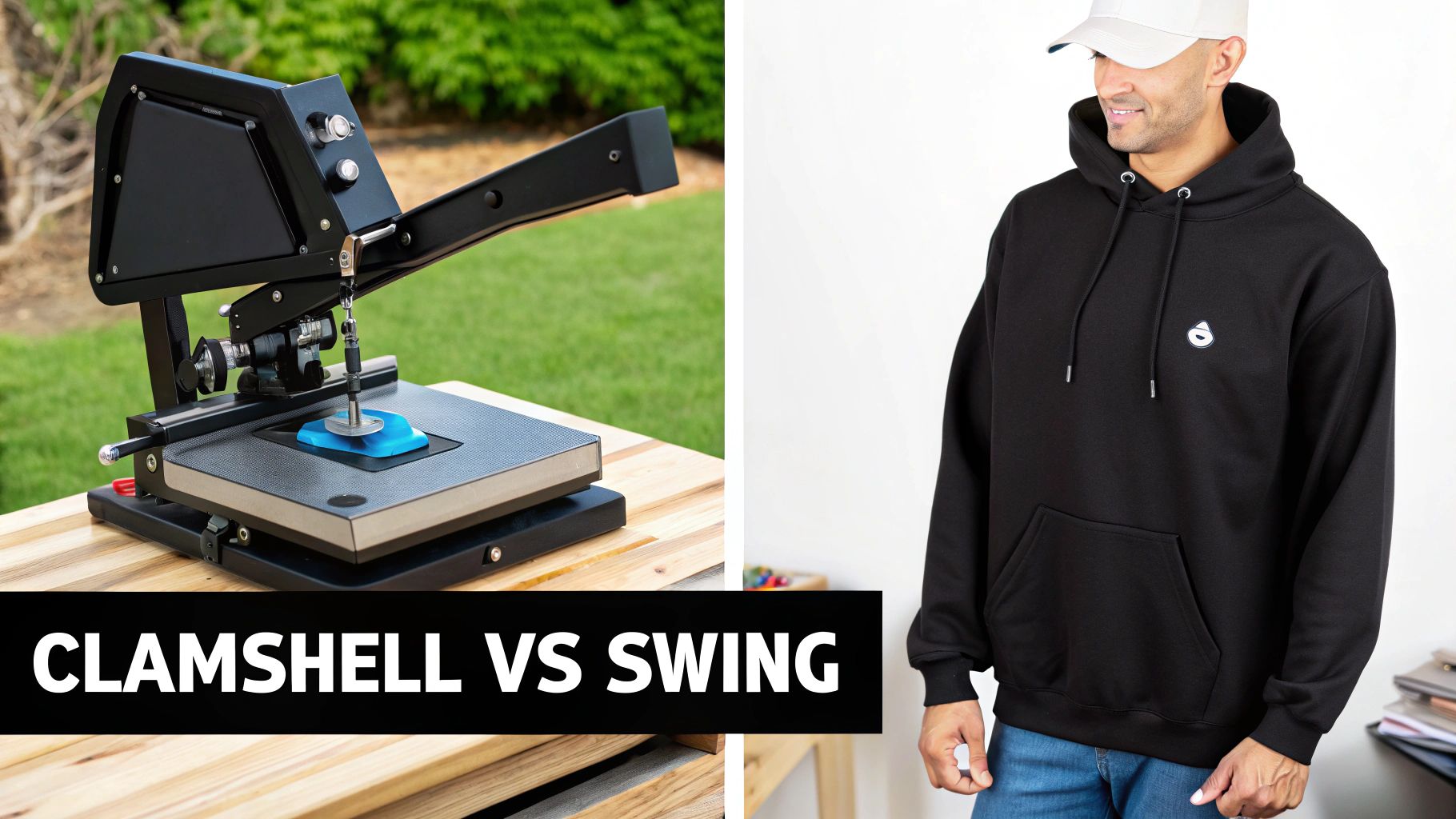 A side-by-side image showing a clamshell heat press and a swing-away heat press.