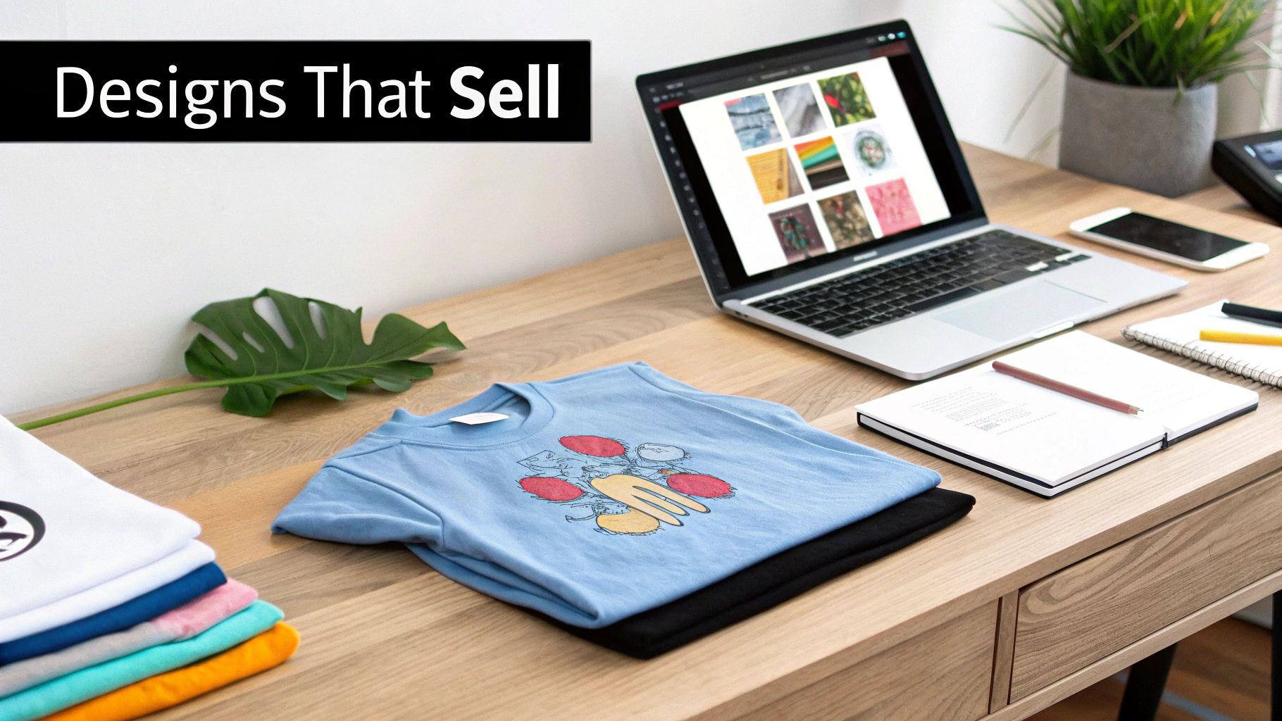 Desk setup with laptop displaying designs, stacked t-shirts, and note-taking essentials for selling.