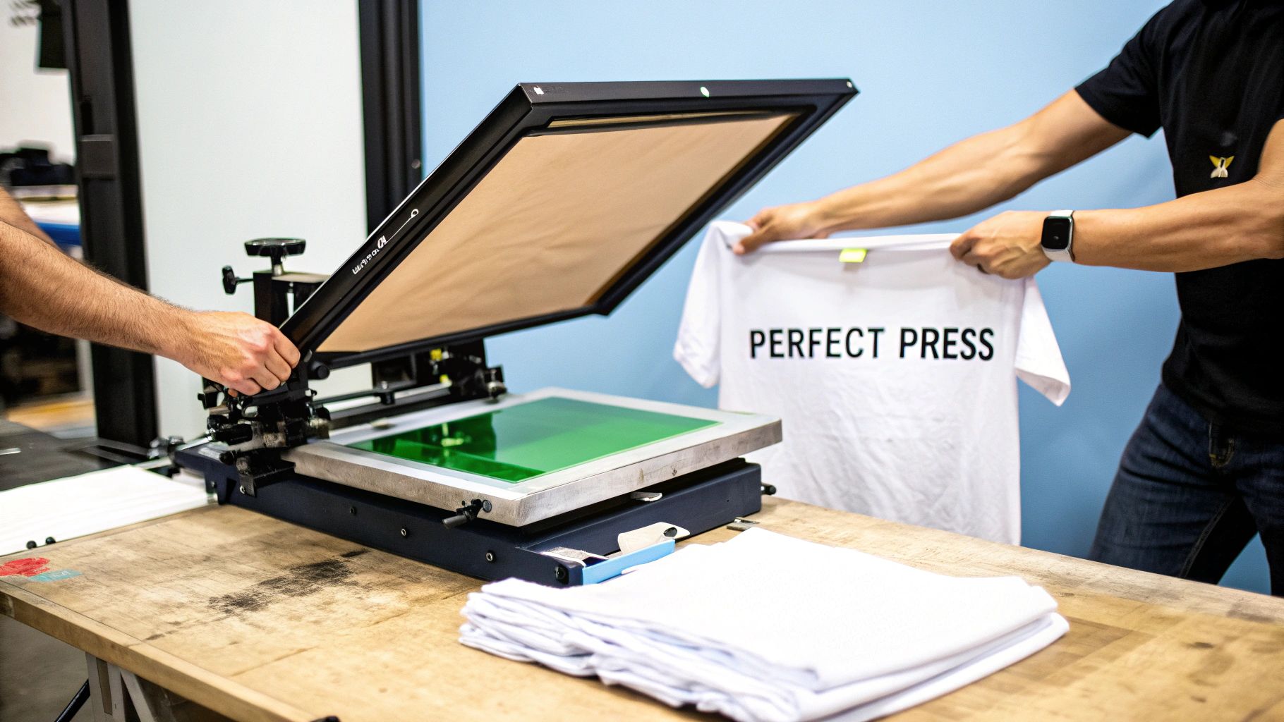 Two people screen printing t-shirts; one operates the press while another holds a 'PERFECT PRESS' shirt.