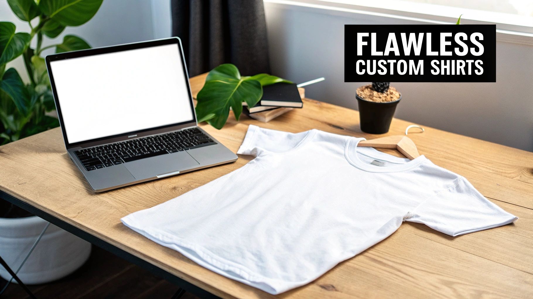 Blank white t-shirt and a laptop on a wooden desk, ideal for custom shirt design setup.