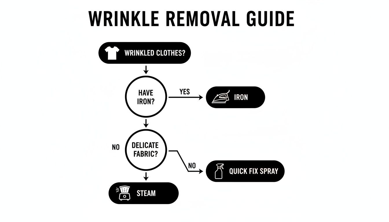 A simple flowchart guiding users on how to remove wrinkles from clothes using various methods.