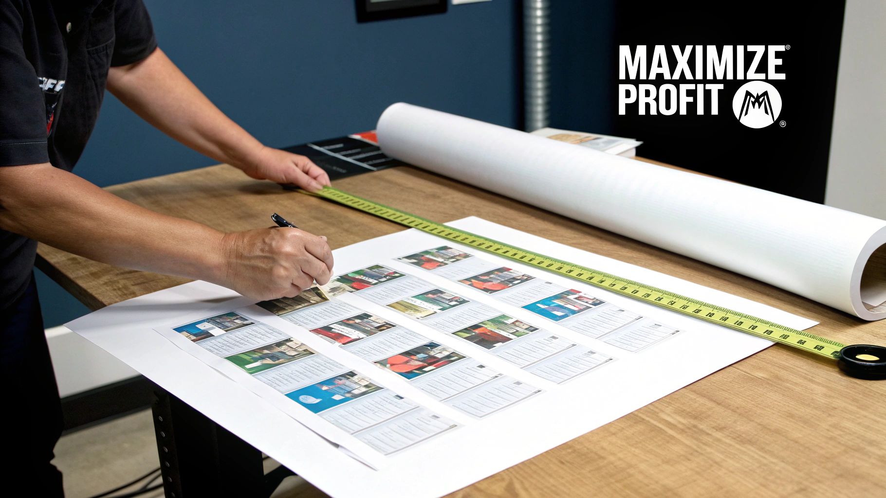 Hands inspecting multiple printed designs on a gang sheet with a pen and measuring tape.