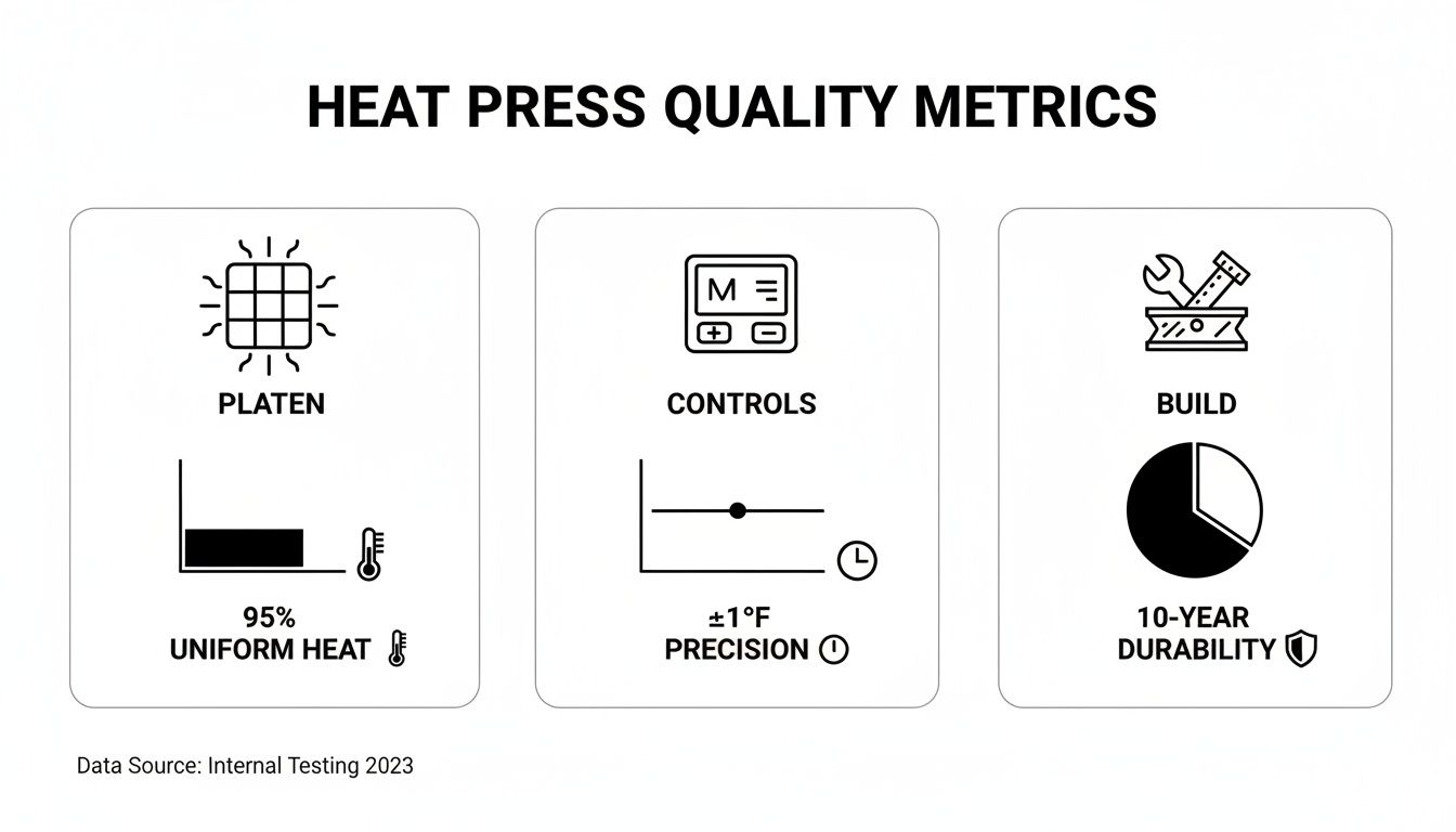 An infographic illustrating heat press quality metrics: platen uniform heat, control precision, and build durability.