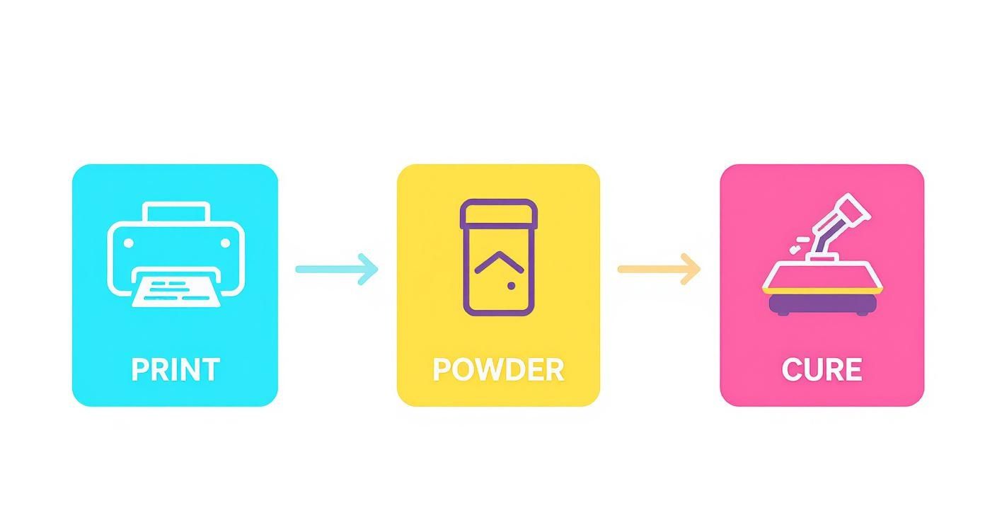 A three-step process for DTF printing: Print, Powder, and Cure, shown with corresponding icons.