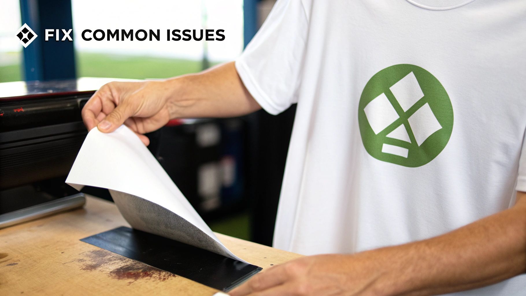 Person's hands carefully aligning a sheet, preparing an iron print on a white t-shirt.