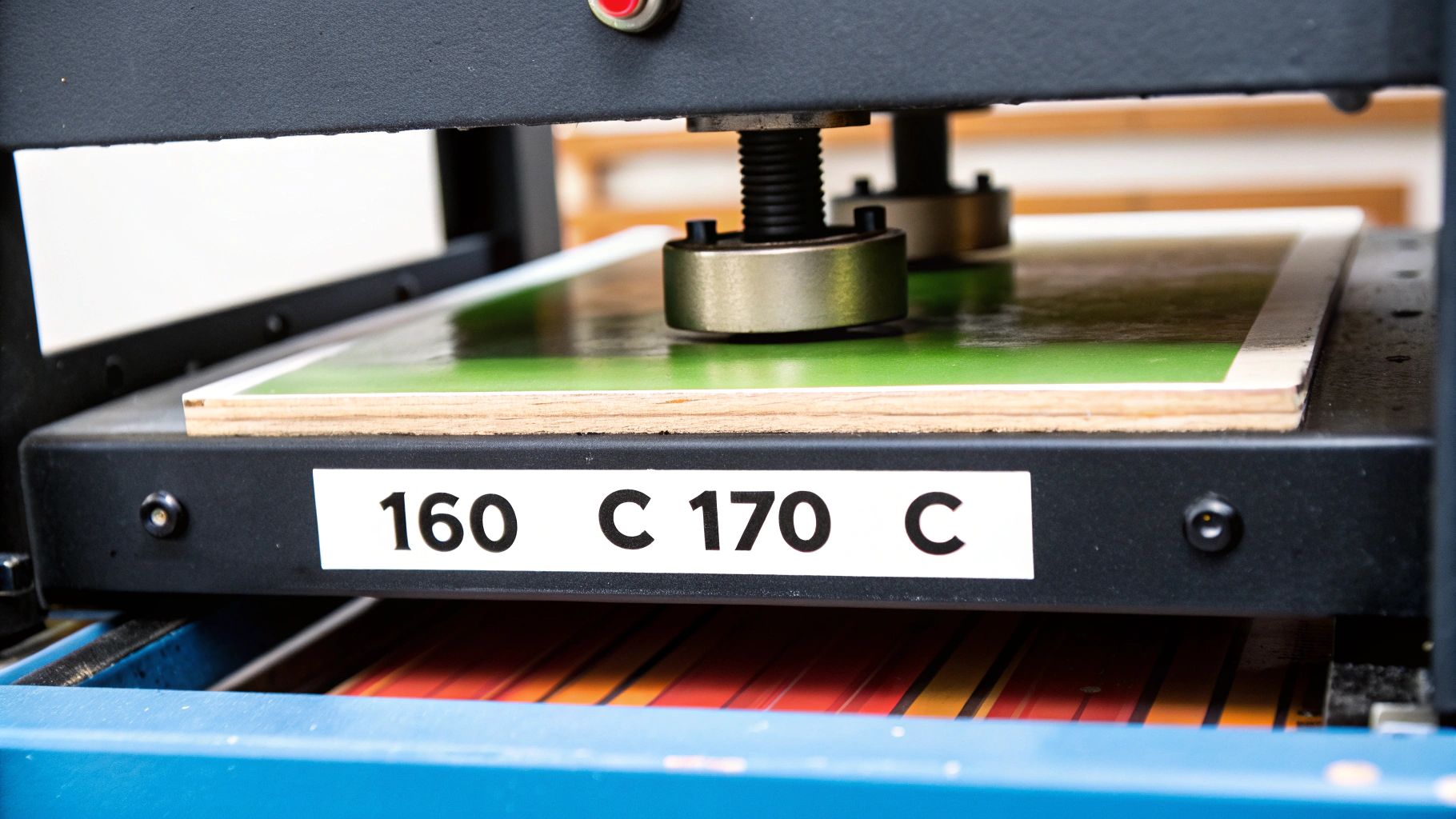A person carefully placing a DTF transfer onto a blue t-shirt on a heat press platen.
