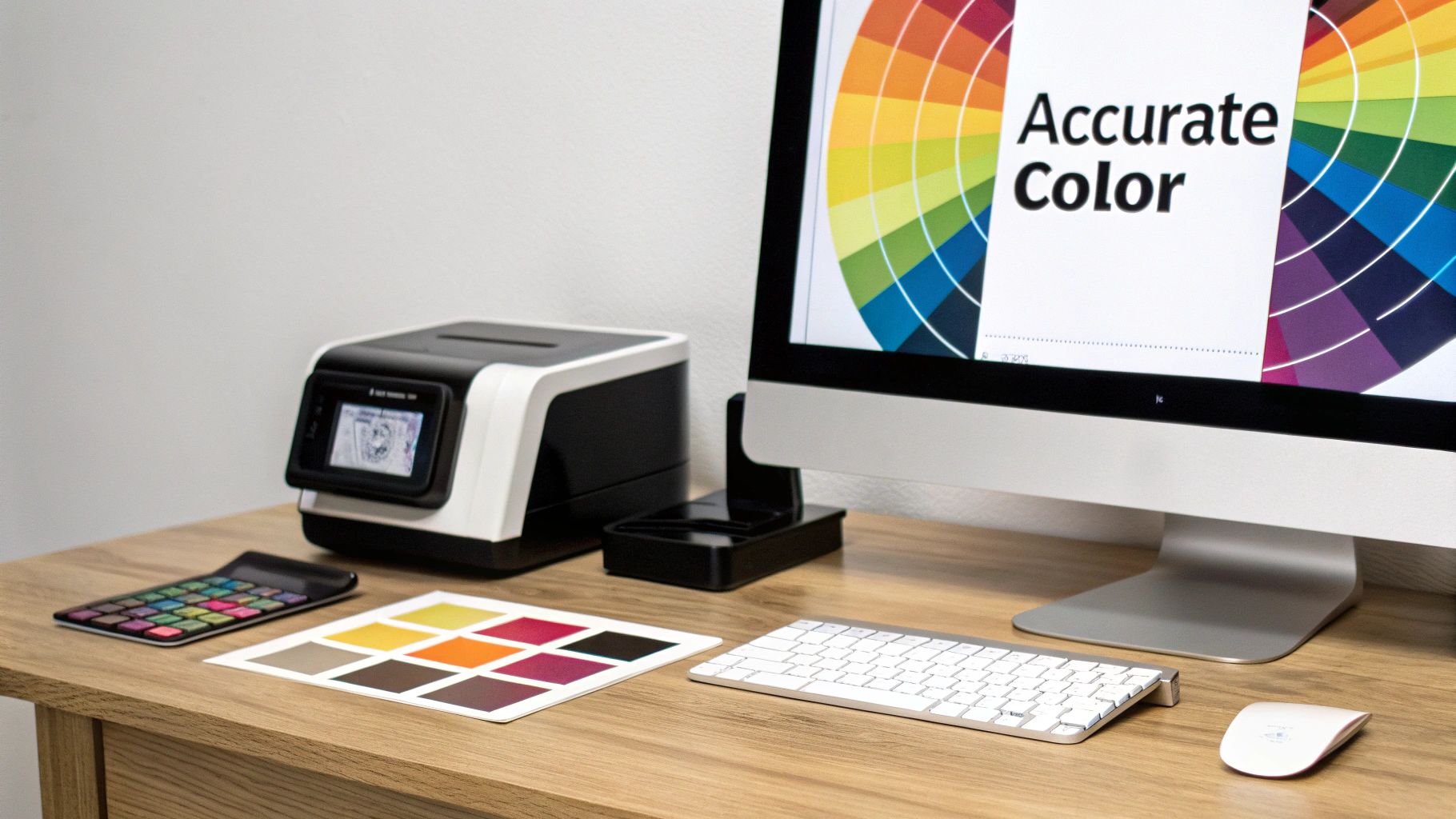A desk setup featuring color calibration equipment, a computer displaying a color wheel, and color swatches.