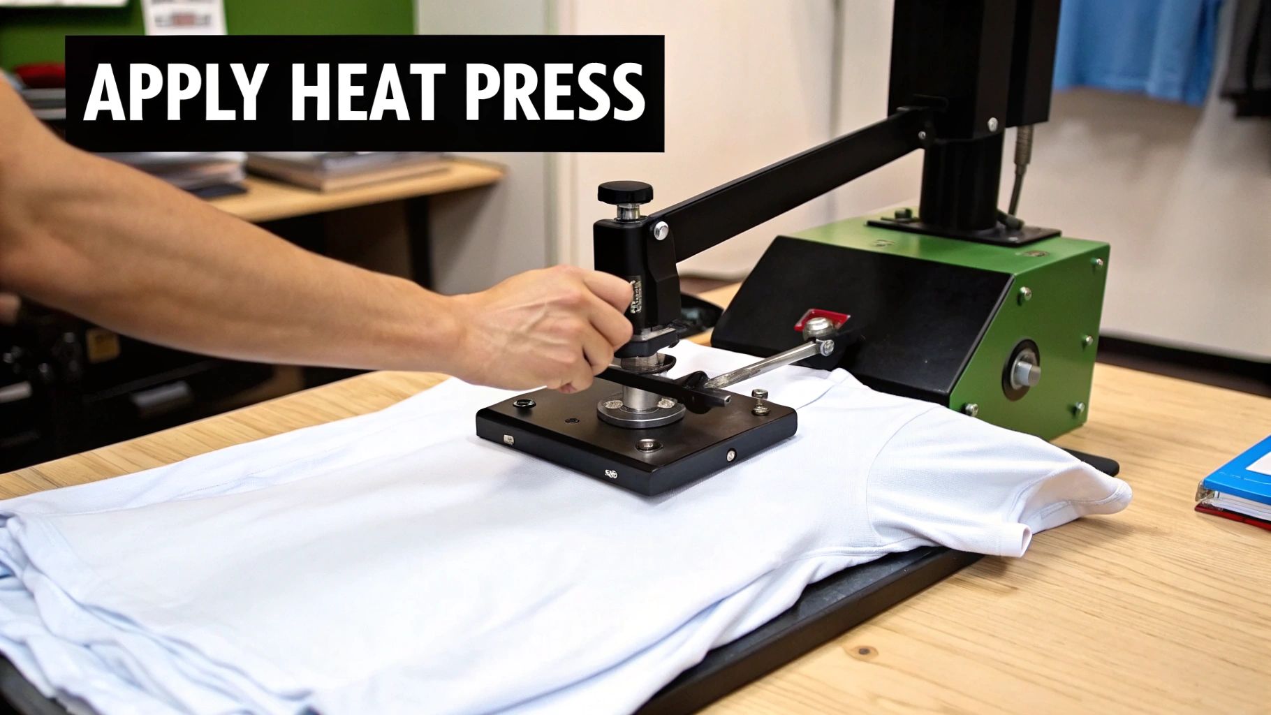 A heat press machine is being used to transfer a photo onto a white t-shirt.