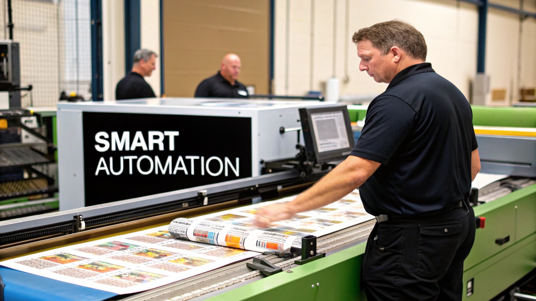 A DTF printing workflow showing automation, with a printer seamlessly feeding into a shaker and dryer unit.